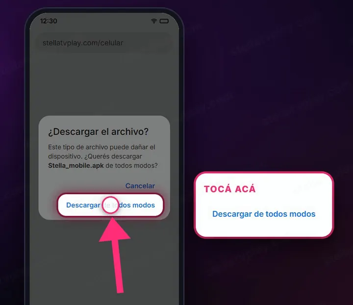 Aviso de Android con el botón Descargar de todos modos marcado