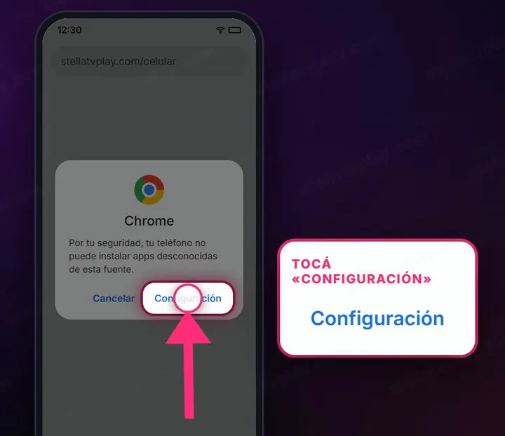 El celular pide permiso: botón Configuración marcado