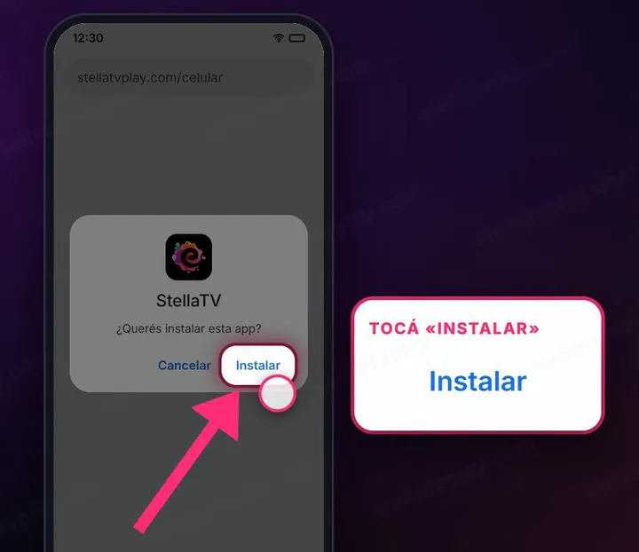 Ventana para instalar StellaTV con el botón Instalar marcado
