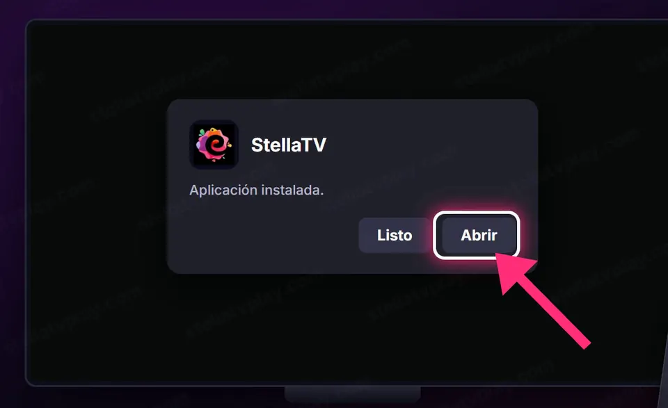 StellaTV instalada con el botón Abrir marcado