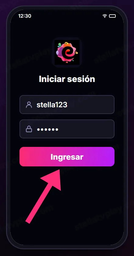 Pantalla Iniciar sesión de StellaTV con el botón Ingresar marcado