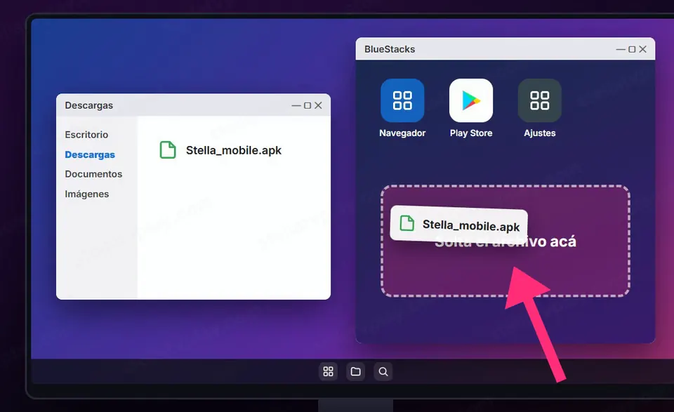 El archivo de StellaTV arrastrado a la ventana de BlueStacks