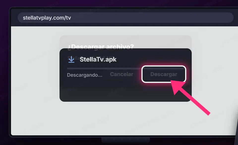Navegador en stellatvplay.com/tv con el botón Descargar marcado