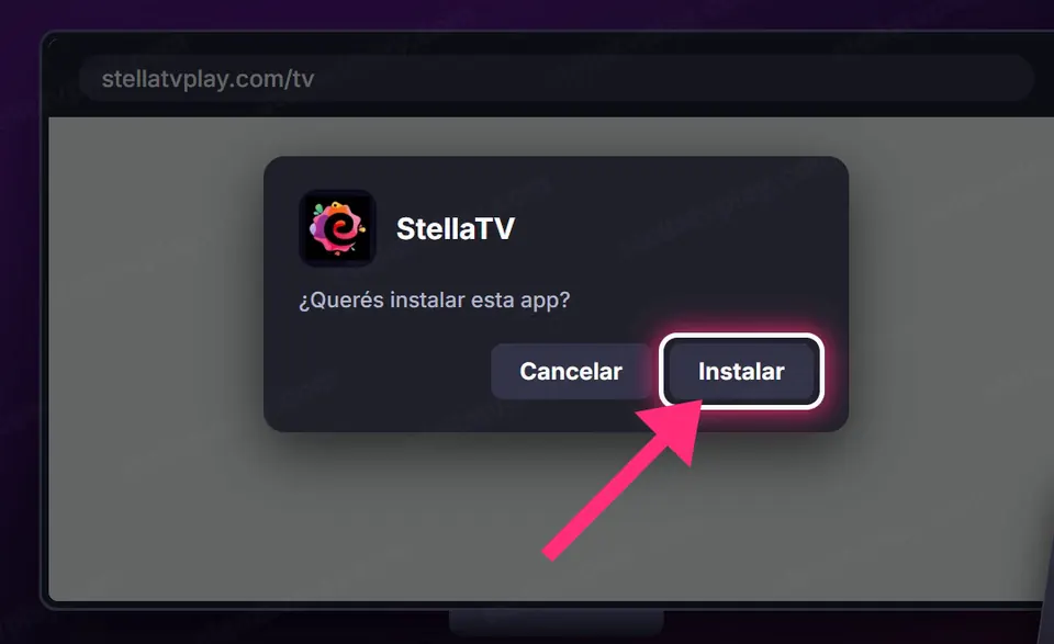Ventana para instalar StellaTV con el botón Instalar marcado